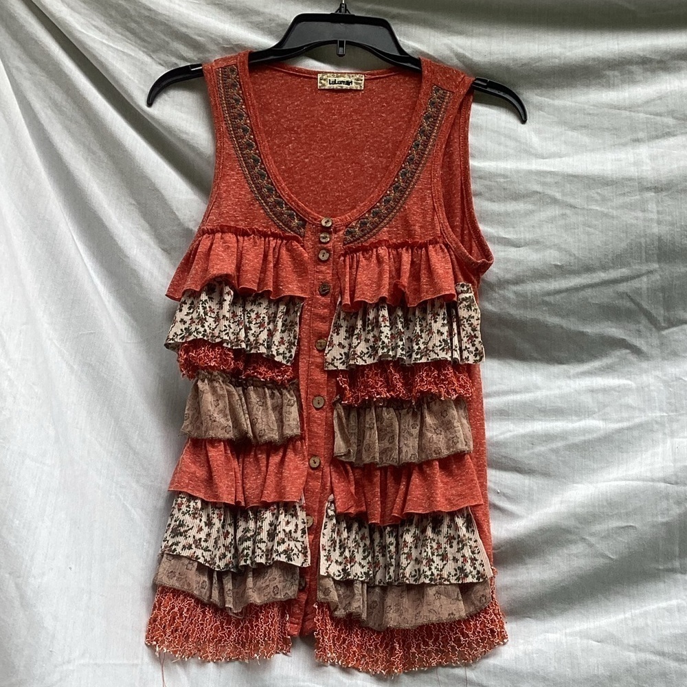 Luluman orange bohemian embroidered mixed material ruffle top, size medium